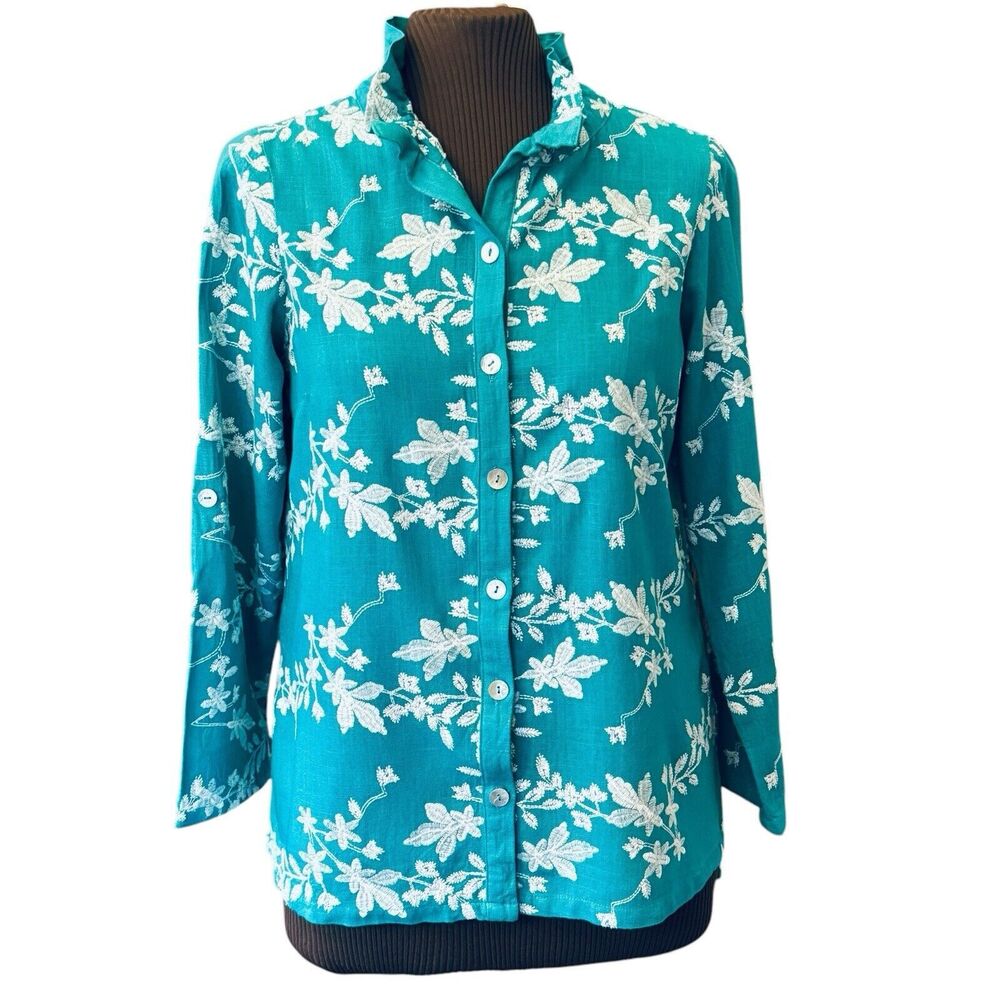 Soft Surroundings Isla Verde Teal Embroidered Blouse Linen Blend Roll Tab  Sz M